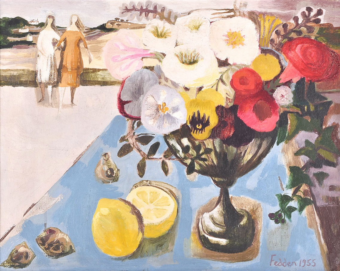 Mary Fedden OBE (1915-2012) British still life with a vase of flowers and lemons on a table.